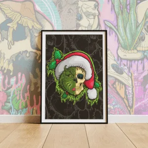 Drippy Grinch Skull art print on matte paper. Half green Grinch face, half skull, wearing a Santa hat with dripping textures and holly leaves.