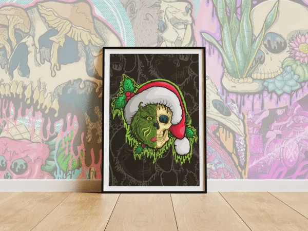 Drippy Grinch Skull art print on matte paper. Half green Grinch face, half skull, wearing a Santa hat with dripping textures and holly leaves.
