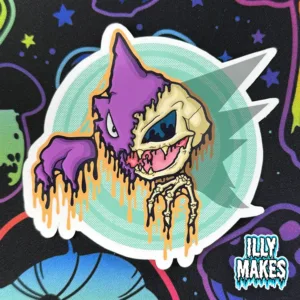 decal showcasing Pokémon-inspired gothic artwork of Haunter as a melting skeleton illustration, detailed in vibrant purple, teal, cream, orange, and black colors, artwork by illymakes.