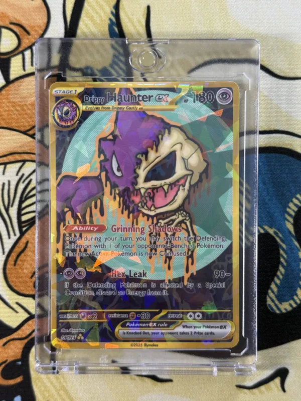 Drippy Haunter EX custom Pokémon card featuring eerie skull art and shimmering laminate with gold border, no packaging