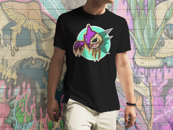 Drippy Haunter Skeleton T-Shirt | Pokémon Gothic Graphic Tee | Melting Skeleton Ghost Fan Art by illymakes Black t-shirt featuring Pokémon-inspired gothic fan art of Haunter depicted as a vibrant melting skeleton with purple, teal, cream, orange, and black dripping accents, original artwork by illymakes.