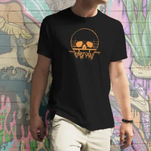 A Black Drippy Horizon Sun Skull t-shirt, featuring a minimal yet bold orange skull design melting into a dripping horizon, merging gothic and sunset aesthetics. Perfect for alternative fashion lovers, gothic streetwear enthusiasts, and tattoo-style art fans.