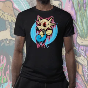 Drippy Horsea Skull T-shirt in black, featuring a melting skeletal Horsea design with deep red eye sockets and eerie blue water effects.
