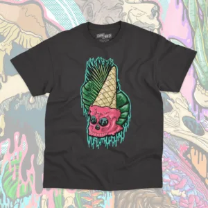 A Black Drippy Ice Cream Skull t-shirt, featuring a melting pink skull with waffle cone head, dripping into tropical leaves for a bold horror-meets-summer aesthetic. Perfect for gothic streetwear, tattoo-inspired fashion, and alt clothing lovers.
