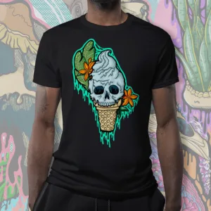 Unisex cotton t-shirt with Drippy Ice Cream Skull 2 design — a melting skull shaped like soft-serve ice cream in a cone, with tropical leaves and orange flowers — styled on a model against an illustrated background.