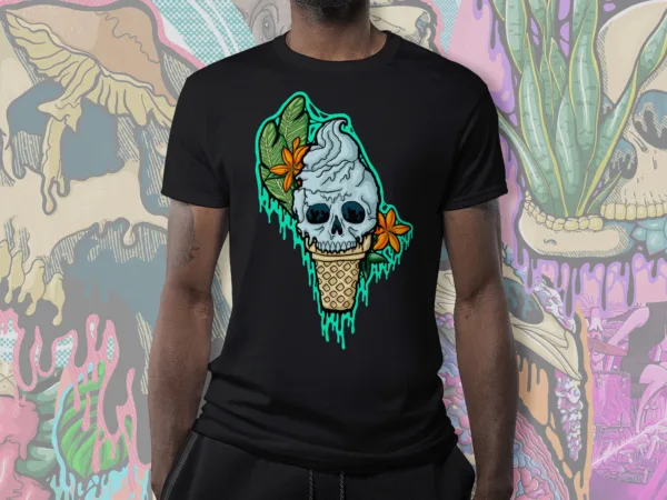 Unisex cotton t-shirt with Drippy Ice Cream Skull 2 design — a melting skull shaped like soft-serve ice cream in a cone, with tropical leaves and orange flowers — styled on a model against an illustrated background.