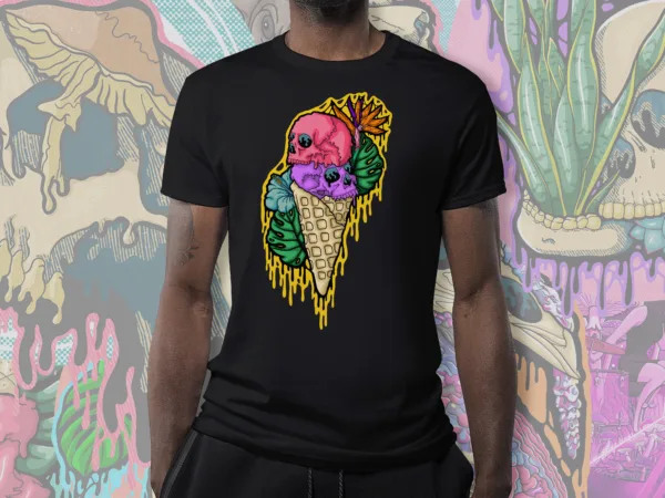 Unisex cotton t-shirt with Drippy Ice Cream Skull 3 design — three colorful skull scoops in a melting ice cream cone with tropical leaves and orange garnish, styled on a model against a vibrant illustrated background.