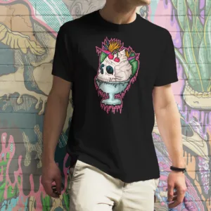 Unisex cotton t-shirt with Drippy Ice Cream Sundae Skull design — a skull-shaped sundae topped with whipped cream, cherries, and tropical garnish, dripping in neon colors, styled on a model against a colorful skull-themed mural background.