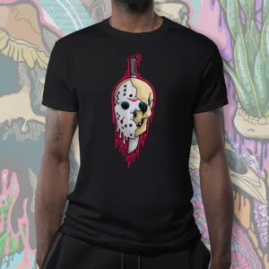 Horror-inspired Drippy Jason Voorhees Skull t-shirt in black. Features a melting hockey mask fused with a skull and machete. Perfect for slasher film fans, horror lovers, and Halloween apparel.