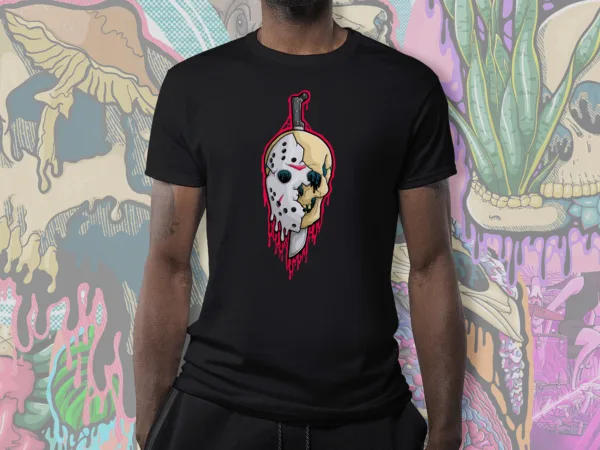 Horror-inspired Drippy Jason Voorhees Skull t-shirt in black. Features a melting hockey mask fused with a skull and machete. Perfect for slasher film fans, horror lovers, and Halloween apparel.