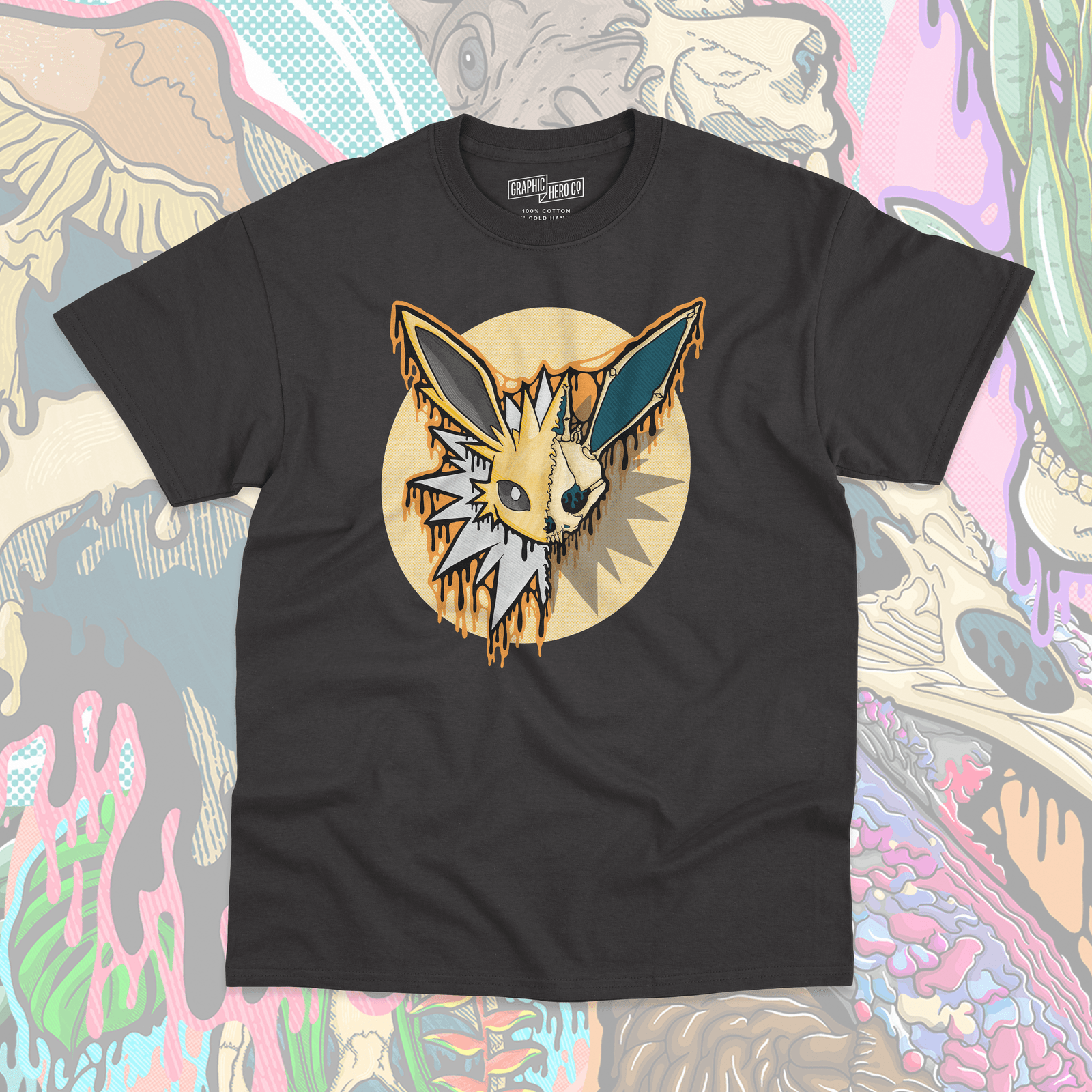 Drippy Jolteon Skull t-shirt in black featuring a vibrant yellow and bone-colored Jolteon-inspired skull design, perfect for Pokémon and gothic art fans.