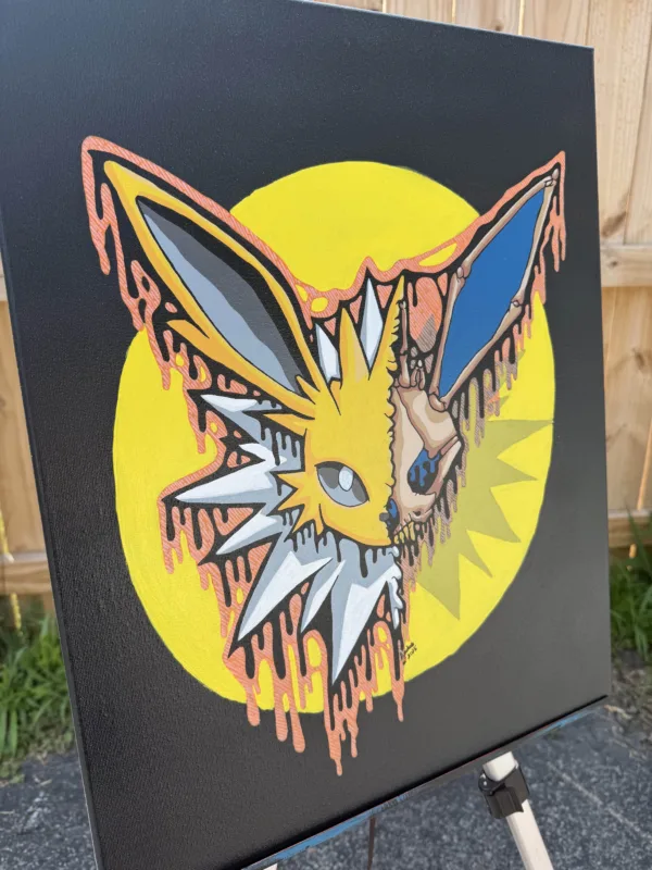 Angled view of the Drippy Jolteon Skull painting, highlighting textured brushstrokes and depth. The electric yellow skull and skeletal features melt into neon drips over a bright yellow backdrop.
