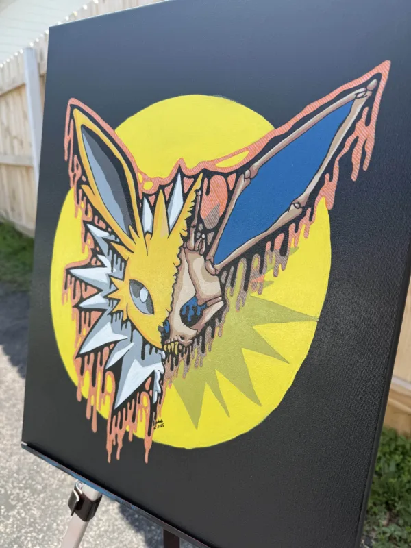 Side view of the Drippy Jolteon Skull acrylic painting on canvas. Spiky electric fur and bone textures blend into dripping details, showcasing the hand-painted texture and vivid colors.