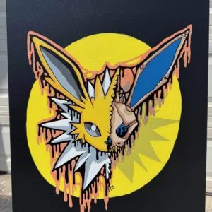 Original acrylic painting of a Drippy Jolteon Skull on 20x16 canvas. The spiky yellow Pokémon-inspired skull drips into orange textures, set against a glowing yellow circle. One-of-a-kind, signed and labeled on the back.