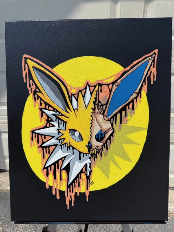 Original acrylic painting of a Drippy Jolteon Skull on 20x16 canvas. The spiky yellow Pokémon-inspired skull drips into orange textures, set against a glowing yellow circle. One-of-a-kind, signed and labeled on the back.