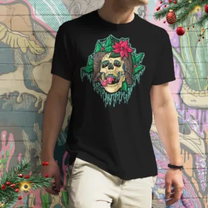 Drippy Krampus Skull t-shirt in black, featuring a gothic horror Christmas design with dripping bones, holly, and dark festive aesthetics.