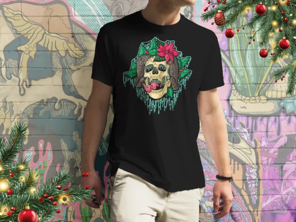 Drippy Krampus Skull t-shirt in black, featuring a gothic horror Christmas design with dripping bones, holly, and dark festive aesthetics.