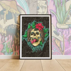 Drippy Krampus Skull art print on matte paper. A skull with horns, long tongue, holly leaves, and poinsettia framed by dripping textures. Gothic holiday wall art.