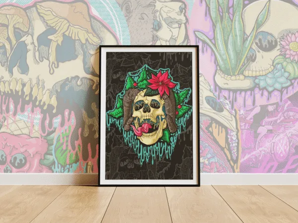Drippy Krampus Skull art print on matte paper. A skull with horns, long tongue, holly leaves, and poinsettia framed by dripping textures. Gothic holiday wall art.