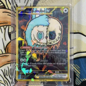 A hand-made, holographic Drippy Labubu Ex card in a magnetic slab.
