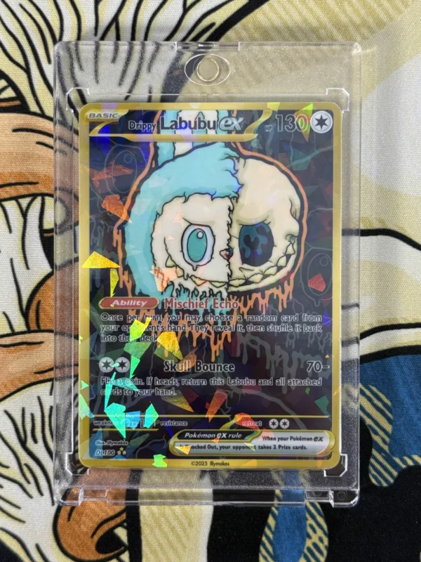 A hand-made, holographic Drippy Labubu Ex card in a magnetic slab.