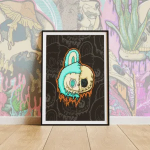 Drippy Labubu Skull art print on matte paper. Half teal-furred character, half skull, melting into neon drips. Creepy-cute surreal wall art.