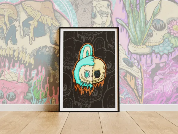 Drippy Labubu Skull art print on matte paper. Half teal-furred character, half skull, melting into neon drips. Creepy-cute surreal wall art.