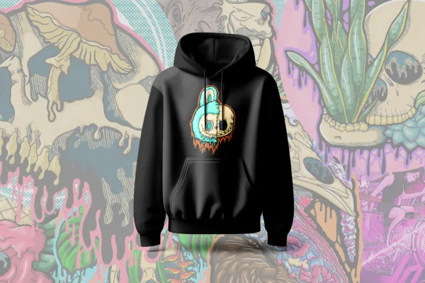 A soft pullover hoodie with a drippy, split-face Labubu skull design. The left side features turquoise fur and a teal eye; the right is a melting skull dripping in orange and black. Hoodie includes a front pocket and drawstrings.