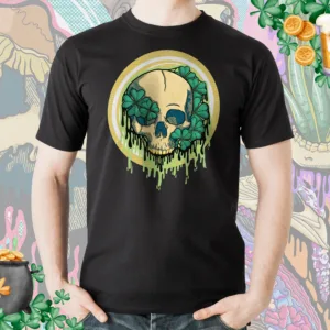Drippy Lucky Skull T-Shirt – St. Patrick’s Day Four Leaf Clover Gothic Irish Art Tee Drippy Lucky Skull design on a black t-shirt. A gothic horror-inspired skull wrapped in four-leaf clovers, dripping in neon green, perfect for alternative Irish fashion.