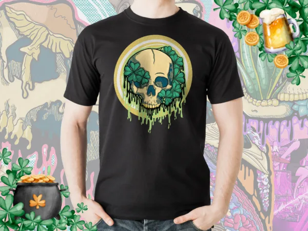 Drippy Lucky Skull T-Shirt – St. Patrick’s Day Four Leaf Clover Gothic Irish Art Tee Drippy Lucky Skull design on a black t-shirt. A gothic horror-inspired skull wrapped in four-leaf clovers, dripping in neon green, perfect for alternative Irish fashion.
