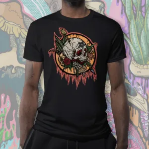 Drippy Skull Collaboration T-shirt in black, featuring a highly detailed, occult-inspired gothic skull with dripping blood and dark botanical elements.