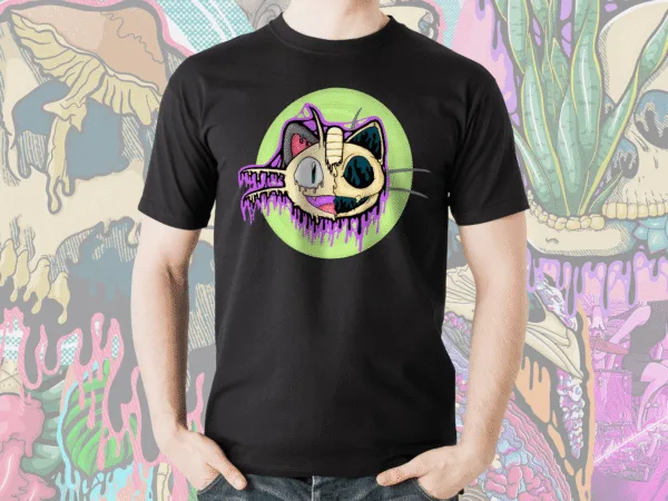 Drippy Meowth Skull T-shirt in black, featuring a melting, creepy fusion of Meowth’s face and a horror-inspired skeletal form.