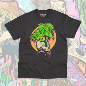 Drippy Monstera Skull t-shirt in black, featuring a detailed gothic skull with tropical monstera leaves, perfect for alternative fashion lovers.