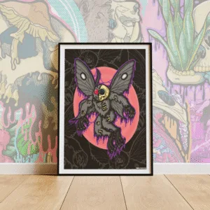Bring legendary lore to your walls with the Drippy Mothman Skeleton Poster, blending cryptid mystery with haunting drippy skull art. Perfect for spooky home decor and gothic collectors.
