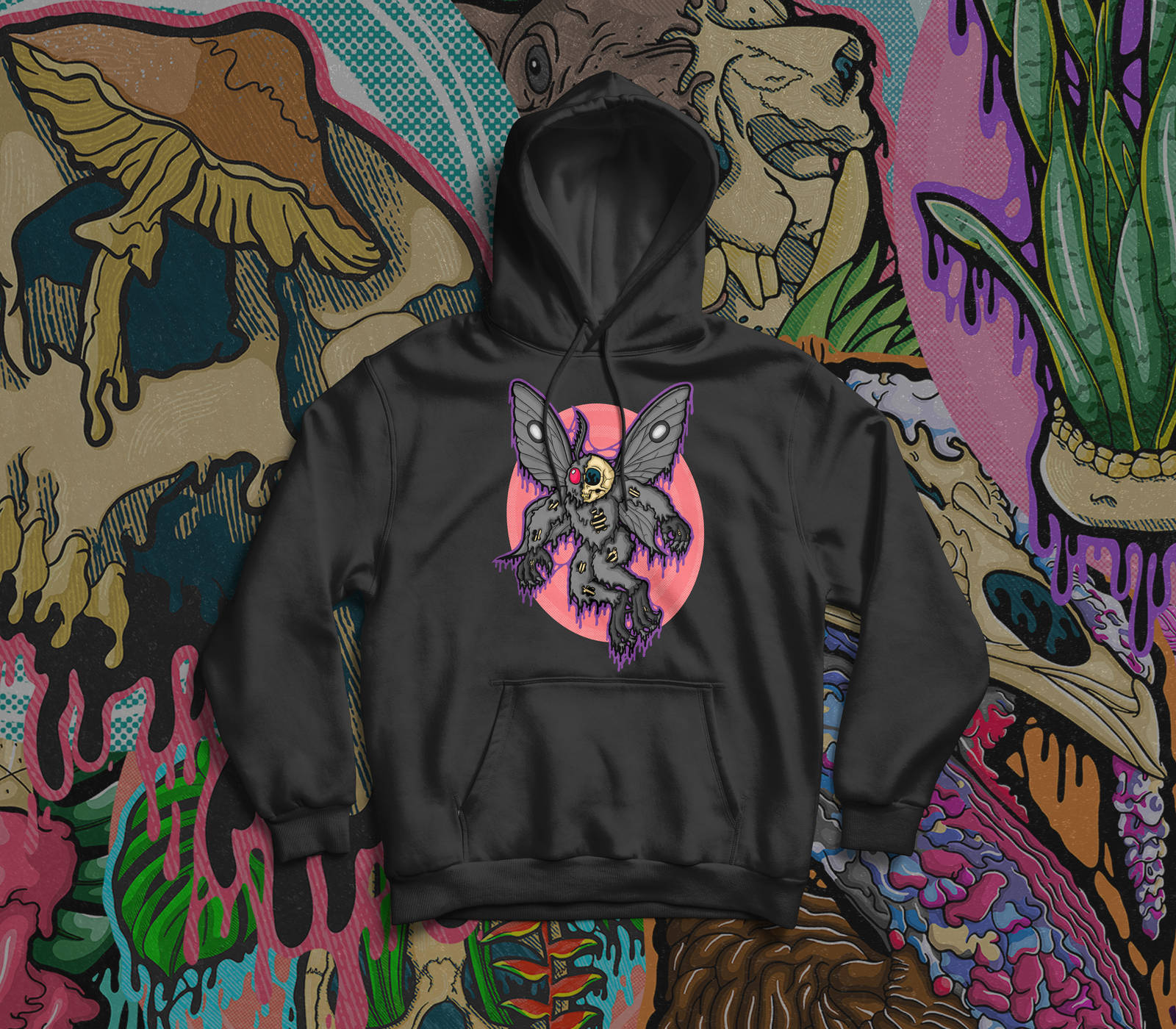 Stay cozy with cryptid style in the Drippy Mothman Skeleton Hoodie, where eerie folklore meets haunting drippy skull art. Perfect for gothic streetwear and fans of spooky legends.