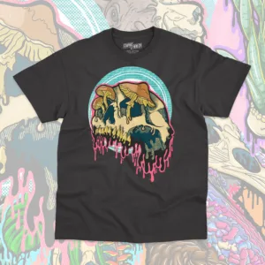 Drippy Mushroom Skull I t-shirt in black, featuring a detailed melting skull with mushrooms, a fusion of gothic horror and nature.