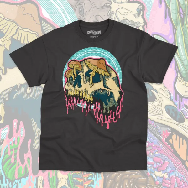 Drippy Mushroom Skull I t-shirt in black, featuring a detailed melting skull with mushrooms, a fusion of gothic horror and nature.
