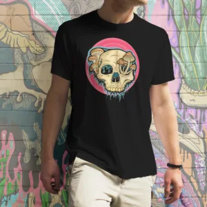 Drippy Mushroom Skull III t-shirt in black, featuring a detailed melting skull with fungi growing from its cracks, a perfect mix of gothic horror and nature.