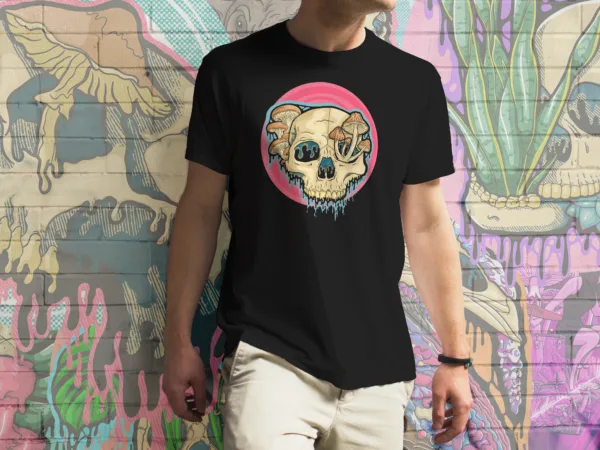 Drippy Mushroom Skull III t-shirt in black, featuring a detailed melting skull with fungi growing from its cracks, a perfect mix of gothic horror and nature.