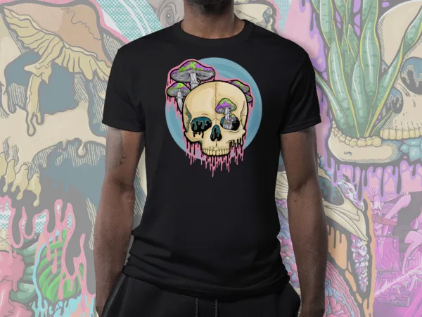 Drippy Mushroom Skull IV design on a black t-shirt. Features a gothic skull with neon green and purple psychedelic mushrooms growing from it, dripping in a dark horror aesthetic. Perfect for alternative fashion lovers, trippy streetwear fans, and gothic art enthusiasts.