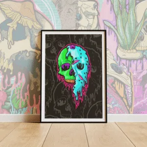 Drippy Neon Jason Skull art print on matte paper. A half-melted neon skull with scars, glowing teeth, and dripping fluorescent colors.