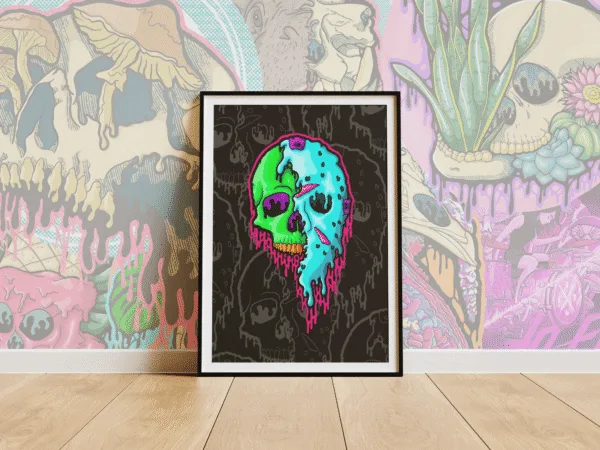 Drippy Neon Jason Skull art print on matte paper. A half-melted neon skull with scars, glowing teeth, and dripping fluorescent colors.