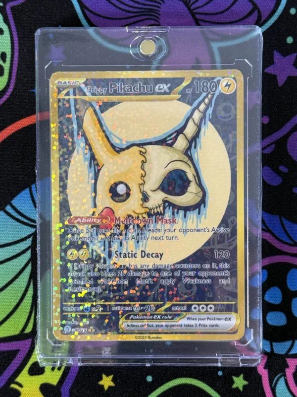 Custom Drippy Pikachu EX card with creepy cute skull art in full art design and magnetic case