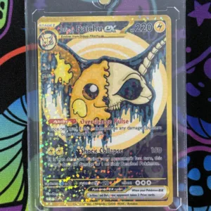 Drippy Raichu EX fan-made Pokémon card with skull art and holographic finish in protective slab
