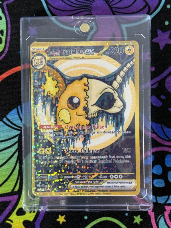 Drippy Raichu EX fan-made Pokémon card with skull art and holographic finish in protective slab