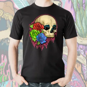 Black t-shirt featuring LGBTQ+ gothic pride illustration of a melting skull with vibrant rainbow roses and colorful dripping effects, original artwork by illymakes.
