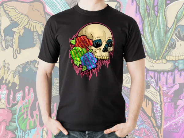 Black t-shirt featuring LGBTQ+ gothic pride illustration of a melting skull with vibrant rainbow roses and colorful dripping effects, original artwork by illymakes.