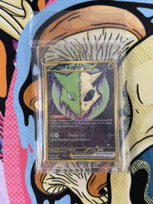 Drippy Scyther EX handmade Pokémon card with skull insect design and shimmering holographic finish sealed in magnetic slab and protective plastic sleeve
