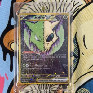 Custom Drippy Scyther EX Pokémon card with spooky skull bug design, full art gold-style border, and holographic finish in magnetic slab