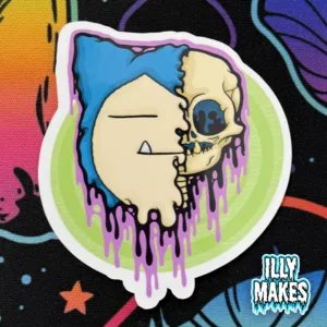 decal showcasing Pokémon gothic illustration of Snorlax as a colorful melting skull detailed in vibrant teal, purple, cream, lime green, and black dripping colors, artwork by illymakes.